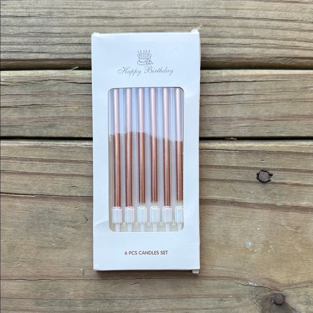 NWT Happy Birthday 6 Long Pink Champagne Gold Shimmer Candles Cake Cupcake